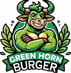 Logo de Green Horn Burger con un toro verde musculoso y un diseño natural.