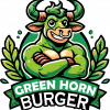 Logo de Green Horn Burger con un toro verde musculoso y un diseño natural.